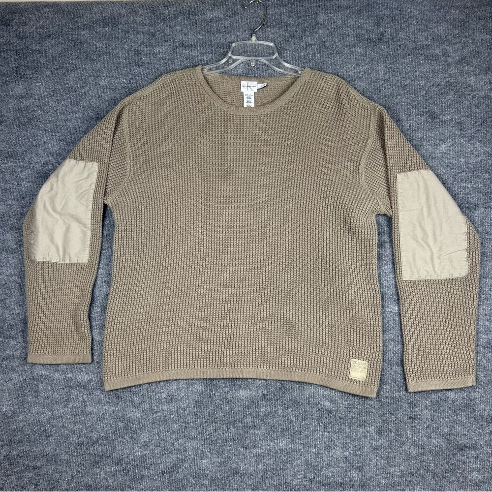 Calvin Klein Jeans XL Waffle Knit Elbow Patch Sweater Taupe Cotton